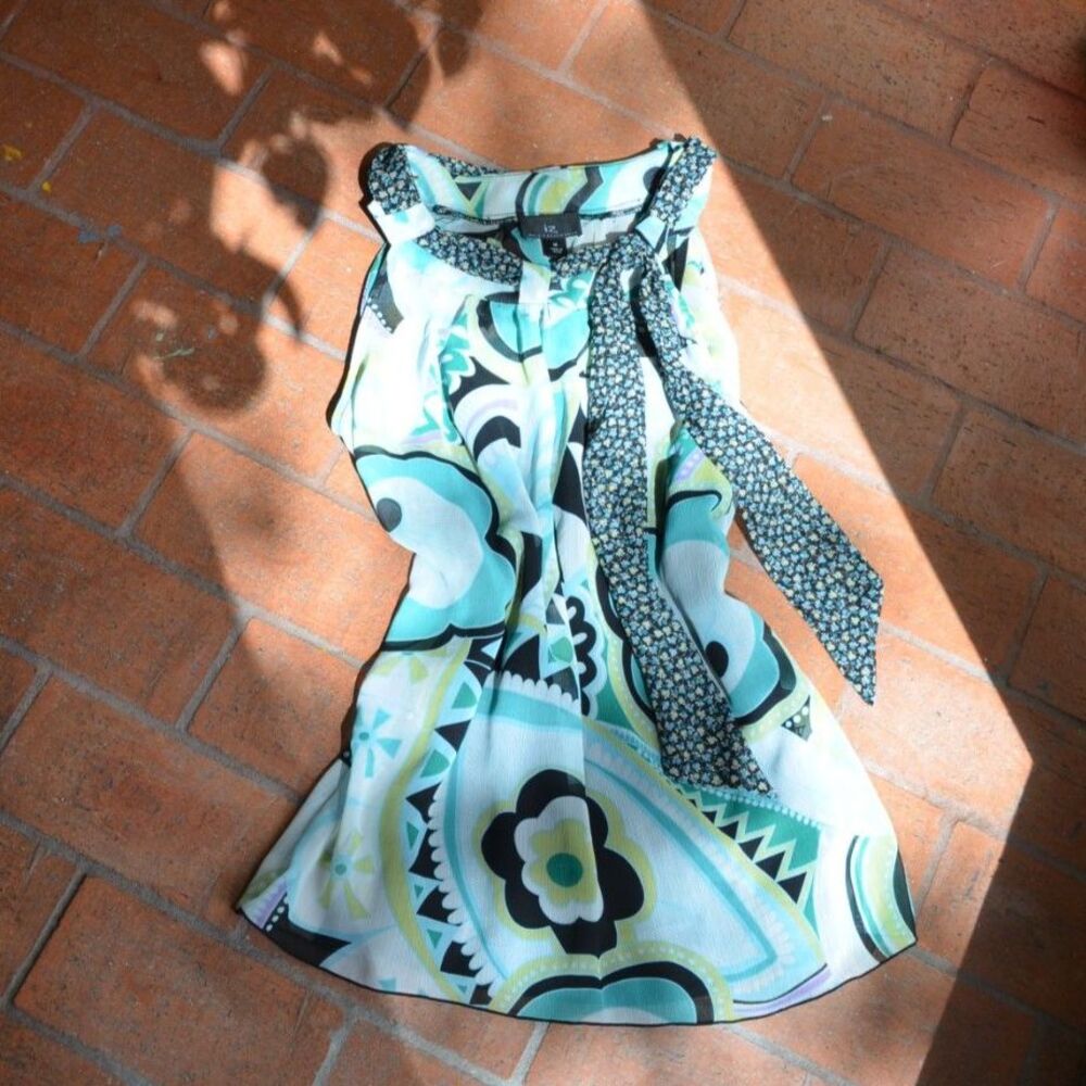 Vintage Y2K IZ Byer Halter Top Medium Teal Mod Geometric Retro Floral